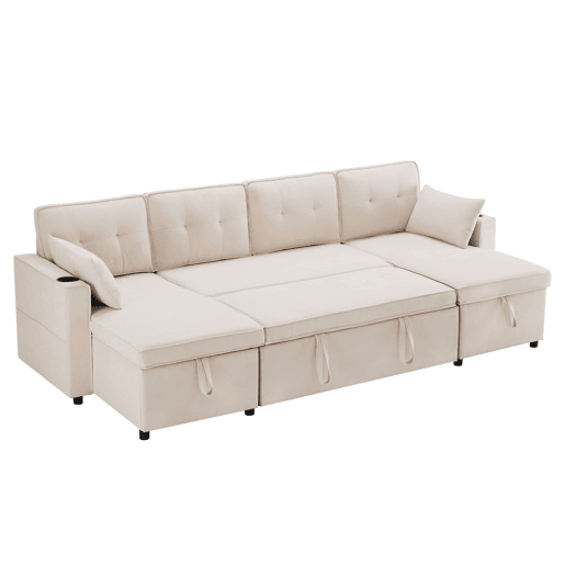 Sofá-cama em forma de U para 4 pessoas - Com função de cama, arrumação e porta-copos - Bege