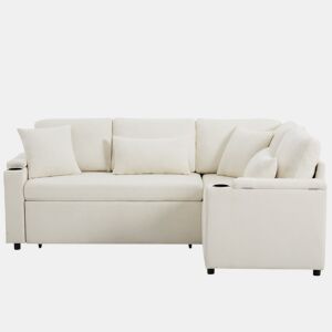 Sofá de canto extensível de 4 lugares - Conversível com arrumação, porta-copos, USB, apoio de braços e 4 almofadas - Bege