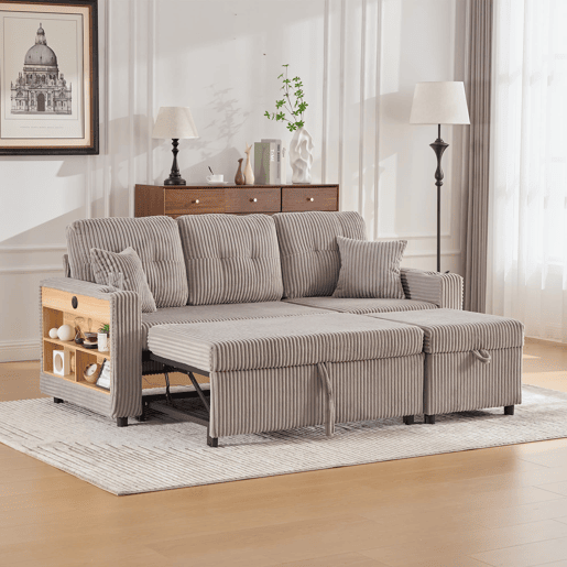 Sofá multifuncional de 3 lugares - com arrumação e cama extensível - cinzento claro
