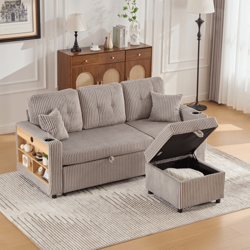 Sofá multifuncional de 3 lugares - com arrumação e cama extensível - cinzento claro