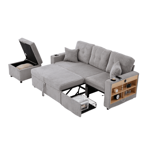 Sofá multifuncional de 3 lugares - com arrumação e cama extensível - cinzento claro