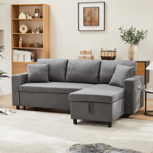 Sofá-cama em forma de L com 3 lugares - Chaise longue intercambiável, com arrumação, cinzento escuro