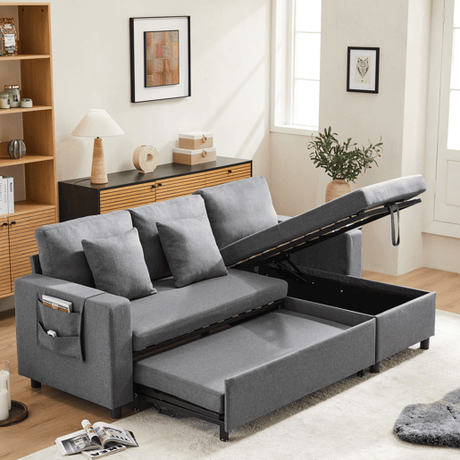Sofá-cama em forma de L com 3 lugares - Chaise longue intercambiável, com arrumação, cinzento escuro