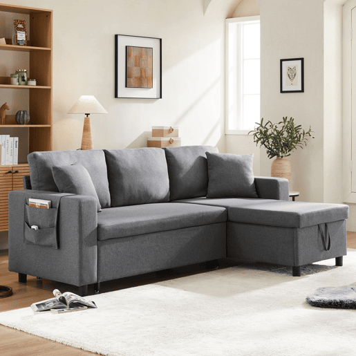 Sofá-cama em forma de L com 3 lugares - Chaise longue intercambiável, com arrumação, cinzento escuro