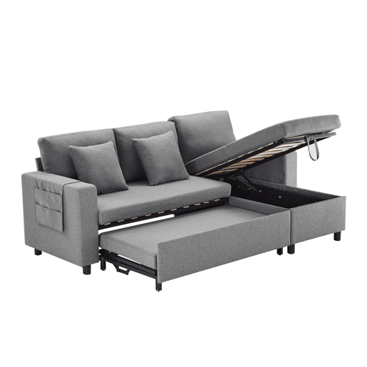 Sofá-cama em forma de L com 3 lugares - Chaise longue intercambiável, com arrumação, cinzento escuro