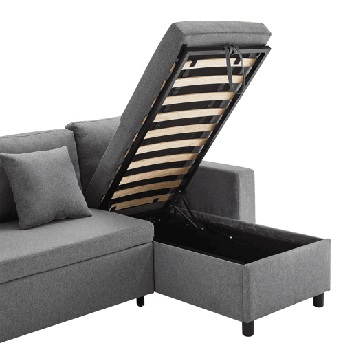 Sofá-cama em forma de L com 3 lugares - Chaise longue intercambiável, com arrumação, cinzento escuro