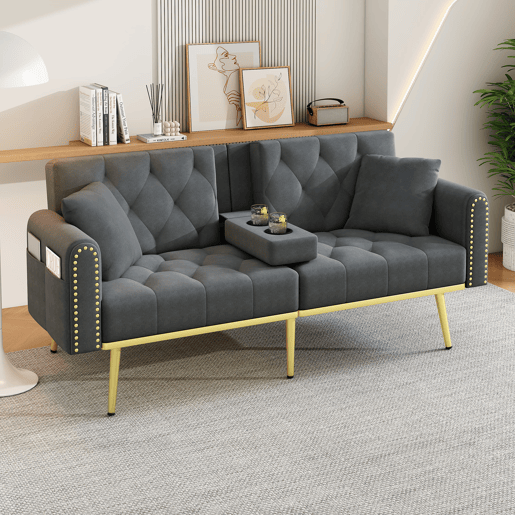 Sofá-cama de 2 lugares - Função cama, 3 posições ajustáveis, com porta-copos - Cinza Sofá-cama de 2 lugares - Função cama, 3 posições ajustáveis, com porta-copos - Cinza