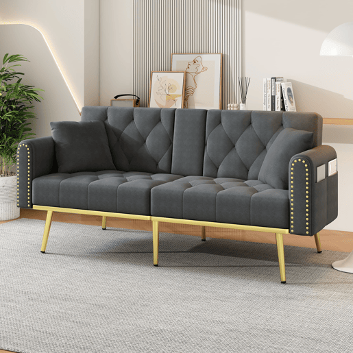 Sofá-cama de 2 lugares - Função cama, 3 posições ajustáveis, com porta-copos - Cinza Sofá-cama de 2 lugares - Função cama, 3 posições ajustáveis, com porta-copos - Cinza