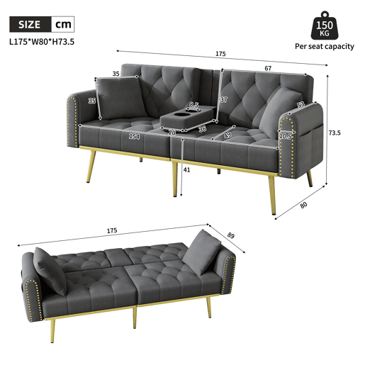 Sofá-cama de 2 lugares - Função cama, 3 posições ajustáveis, com porta-copos - Cinza Sofá-cama de 2 lugares - Função cama, 3 posições ajustáveis, com porta-copos - Cinza