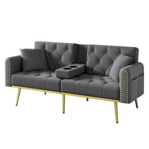Sofá-cama de 2 lugares - Função cama, 3 posições ajustáveis, com porta-copos - Cinza Sofá-cama de 2 lugares - Função cama, 3 posições ajustáveis, com porta-copos - Cinza
