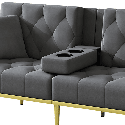 Sofá-cama de 2 lugares - Função cama, 3 posições ajustáveis, com porta-copos - Cinza Sofá-cama de 2 lugares - Função cama, 3 posições ajustáveis, com porta-copos - Cinza