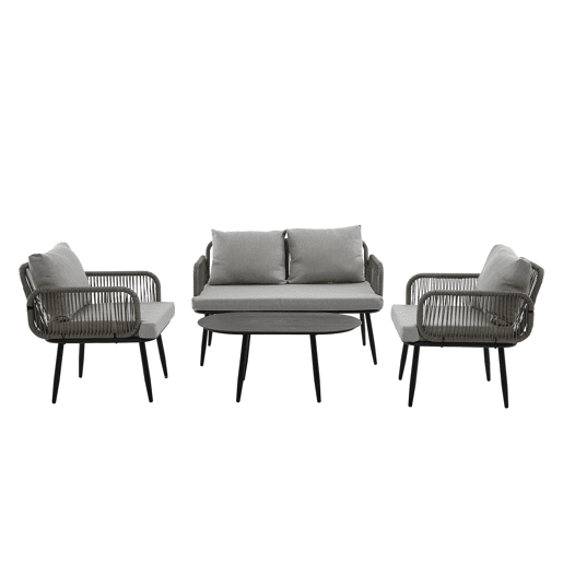 Conjunto de móveis de jardim de 4 peças - Sofá de 2 lugares, 2 cadeiras e mesa de café, corda trançada à mão, tampo de vidro estilo madeira, aço galvanizado - Cinza