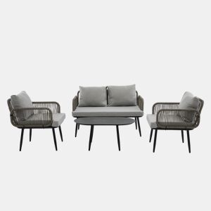 Conjunto de móveis de jardim de 4 peças - Sofá de 2 lugares, 2 cadeiras e mesa de café, corda trançada à mão, tampo de vidro estilo madeira, aço galvanizado - Cinza