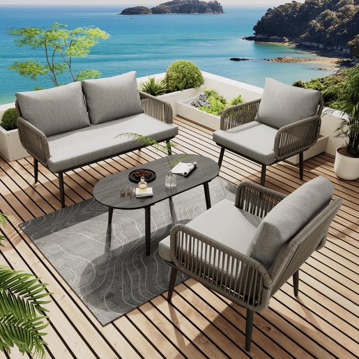 Conjunto de móveis de jardim de 4 peças - Sofá de 2 lugares, 2 cadeiras e mesa de café, corda trançada à mão, tampo de vidro estilo madeira, aço galvanizado - Cinza