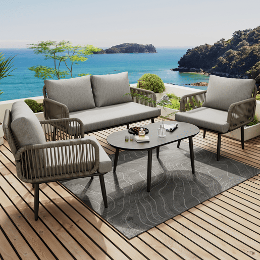Conjunto de móveis de jardim de 4 peças - Sofá de 2 lugares, 2 cadeiras e mesa de café, corda trançada à mão, tampo de vidro estilo madeira, aço galvanizado - Cinza