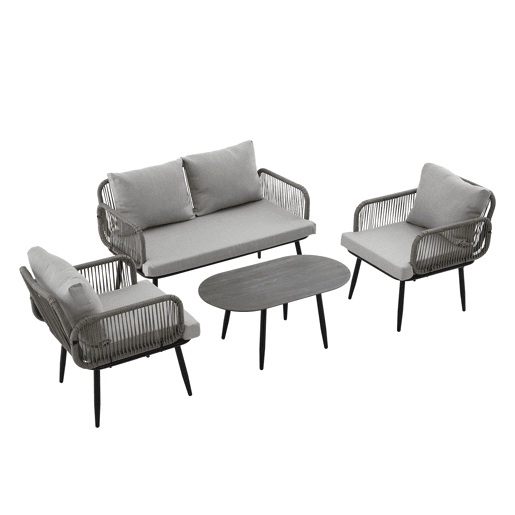 Conjunto de móveis de jardim de 4 peças - Sofá de 2 lugares, 2 cadeiras e mesa de café, corda trançada à mão, tampo de vidro estilo madeira, aço galvanizado - Cinza