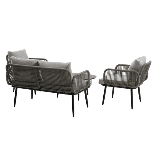 Conjunto de móveis de jardim de 4 peças - Sofá de 2 lugares, 2 cadeiras e mesa de café, corda trançada à mão, tampo de vidro estilo madeira, aço galvanizado - Cinza