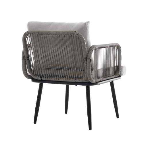Conjunto de móveis de jardim de 4 peças - Sofá de 2 lugares, 2 cadeiras e mesa de café, corda trançada à mão, tampo de vidro estilo madeira, aço galvanizado - Cinza