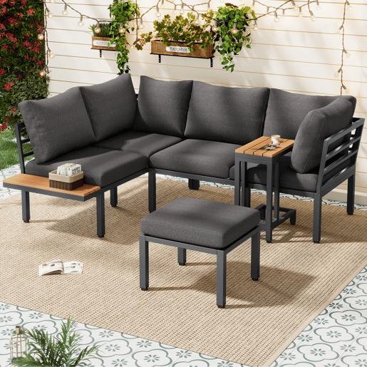 Conjunto de móveis de jardim - Sofá + mesa auxiliar + mesa de centro (pode ser usada como apoio para os pés) - Estrutura em aço galvanizado, superfície em madeira plástica - Cinza + Preto