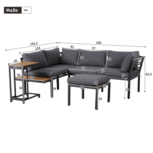 Conjunto de móveis de jardim - Sofá + mesa auxiliar + mesa de centro (pode ser usada como apoio para os pés) - Estrutura em aço galvanizado, superfície em madeira plástica - Cinza + Preto