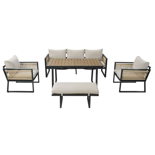 Conjunto de jardim de 5 peças - Sofá de 3 lugares, 2 cadeiras, banco e mesa de jantar, estrutura em aço galvanizado, braços em corda trançada - Bege