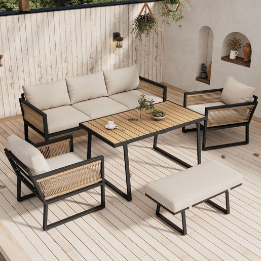 Conjunto de jardim de 5 peças - Sofá de 3 lugares, 2 cadeiras, banco e mesa de jantar, estrutura em aço galvanizado, braços em corda trançada - Bege