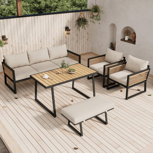 Conjunto de jardim de 5 peças - Sofá de 3 lugares, 2 cadeiras, banco e mesa de jantar, estrutura em aço galvanizado, braços em corda trançada - Bege