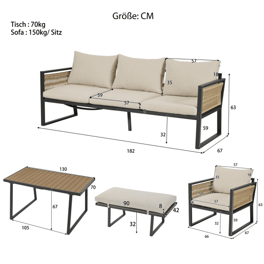 Conjunto de jardim de 5 peças - Sofá de 3 lugares, 2 cadeiras, banco e mesa de jantar, estrutura em aço galvanizado, braços em corda trançada - Bege