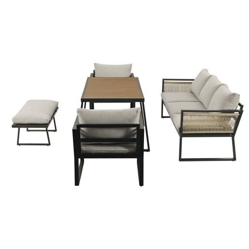 Conjunto de jardim de 5 peças - Sofá de 3 lugares, 2 cadeiras, banco e mesa de jantar, estrutura em aço galvanizado, braços em corda trançada - Bege