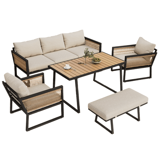 Conjunto de jardim de 5 peças - Sofá de 3 lugares, 2 cadeiras, banco e mesa de jantar, estrutura em aço galvanizado, braços em corda trançada - Bege