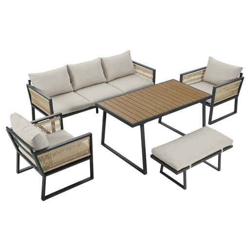 Conjunto de jardim de 5 peças - Sofá de 3 lugares, 2 cadeiras, banco e mesa de jantar, estrutura em aço galvanizado, braços em corda trançada - Bege