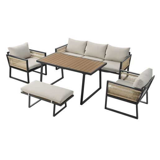 Conjunto de jardim de 5 peças - Sofá de 3 lugares, 2 cadeiras, banco e mesa de jantar, estrutura em aço galvanizado, braços em corda trançada - Bege