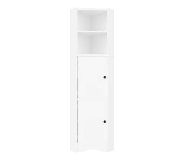 Armario de baño triangular - 2 estantes abiertos, 2 puertas, estantes ajustables, laca completa, diseño sencillo - blanco