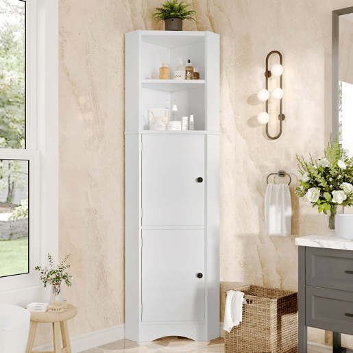 Armário de casa de banho triangular - 2 prateleiras abertas, 2 portas, prateleiras ajustáveis, lacado completo, design simples - Branco Armário de casa de banho triangular - 2 prateleiras abertas, 2 portas, prateleiras ajustáveis, lacado completo, design simples - Branco