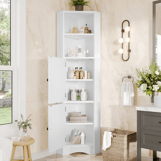 Armário de casa de banho triangular - 2 prateleiras abertas, 2 portas, prateleiras ajustáveis, lacado completo, design simples - Branco Armário de casa de banho triangular - 2 prateleiras abertas, 2 portas, prateleiras ajustáveis, lacado completo, design simples - Branco