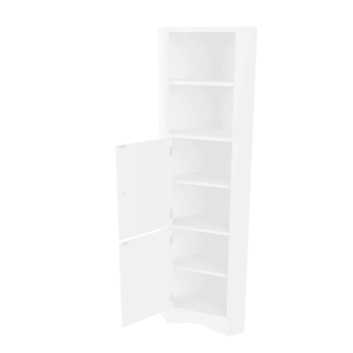 Armário de casa de banho triangular - 2 prateleiras abertas, 2 portas, prateleiras ajustáveis, lacado completo, design simples - Branco Armário de casa de banho triangular - 2 prateleiras abertas, 2 portas, prateleiras ajustáveis, lacado completo, design simples - Branco