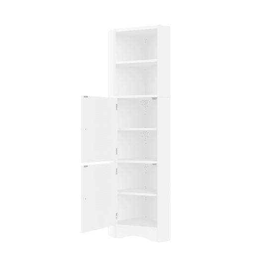 Armário de casa de banho triangular - 2 prateleiras abertas, 2 portas, prateleiras ajustáveis, lacado completo, design simples - Branco Armário de casa de banho triangular - 2 prateleiras abertas, 2 portas, prateleiras ajustáveis, lacado completo, design simples - Branco