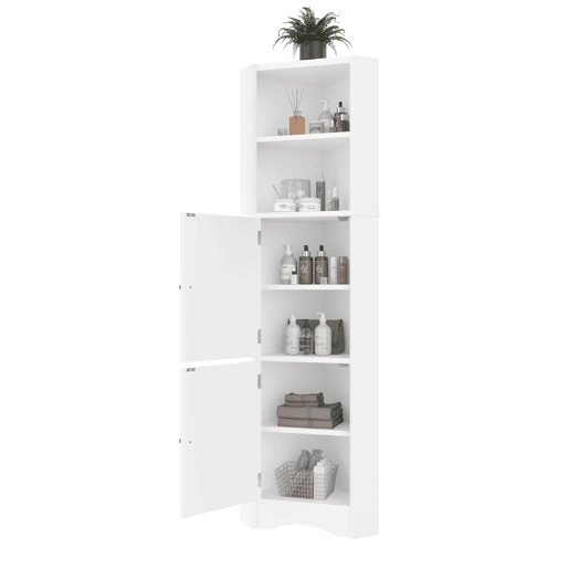 Armário de casa de banho triangular - 2 prateleiras abertas, 2 portas, prateleiras ajustáveis, lacado completo, design simples - Branco Armário de casa de banho triangular - 2 prateleiras abertas, 2 portas, prateleiras ajustáveis, lacado completo, design simples - Branco