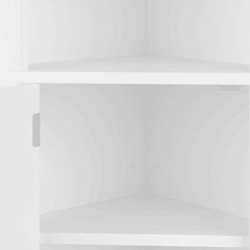 Armário de casa de banho triangular - 2 prateleiras abertas, 2 portas, prateleiras ajustáveis, lacado completo, design simples - Branco Armário de casa de banho triangular - 2 prateleiras abertas, 2 portas, prateleiras ajustáveis, lacado completo, design simples - Branco