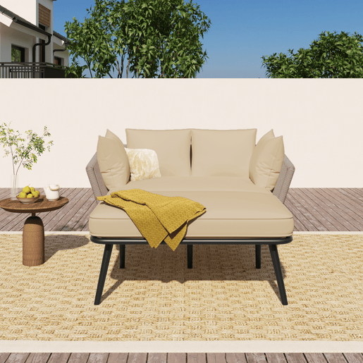 Sofá de jardim de 2 lugares - Com 2 almofadas e 2 almofadões, removíveis e laváveis - Cáqui