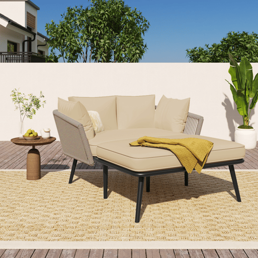 Sofá de jardim de 2 lugares - Com 2 almofadas e 2 almofadões, removíveis e laváveis - Cáqui