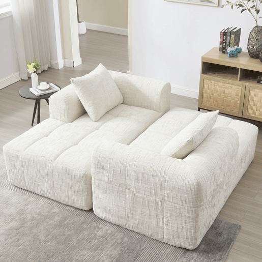 Sofá modular de 3 lugares - L-Sofa com chaise longue, almofadas e bolso lateral - Bege