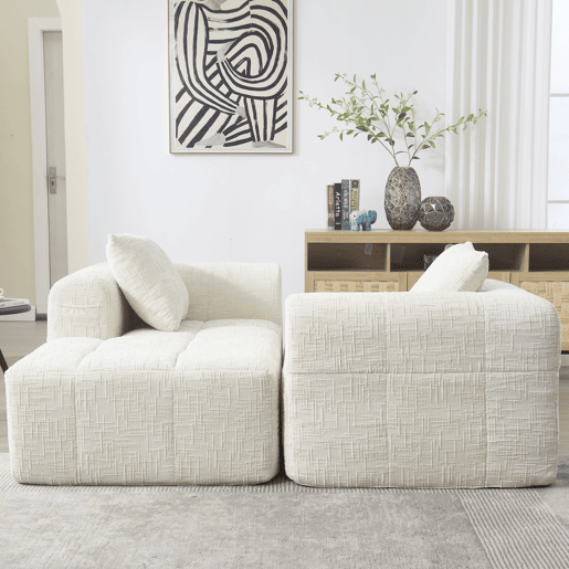 Sofá modular de 3 lugares - L-Sofa com chaise longue, almofadas e bolso lateral - Bege