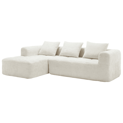 Sofá modular de 3 lugares - L-Sofa com chaise longue, almofadas e bolso lateral - Bege