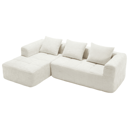 Sofá modular de 3 lugares - L-Sofa com chaise longue, almofadas e bolso lateral - Bege