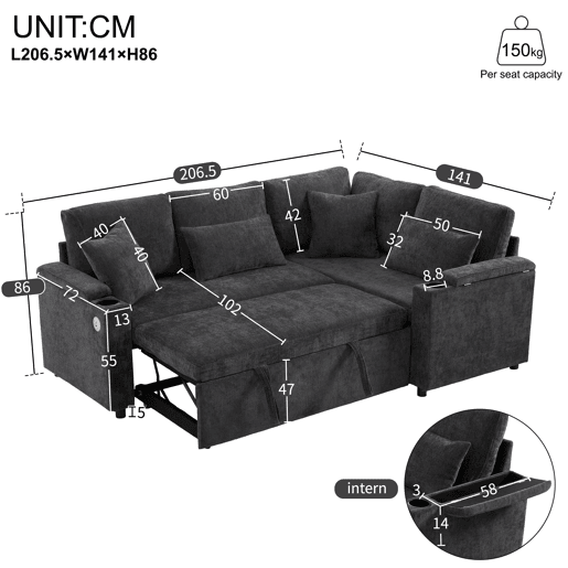 Sofá de canto extensível - Conversível com arrumação, porta-copos, USB, apoio de braços, 4 almofadas - Cinza Sofá de canto extensível - Conversível com arrumação, porta-copos, USB, apoio de braços, 4 almofadas - Cinza