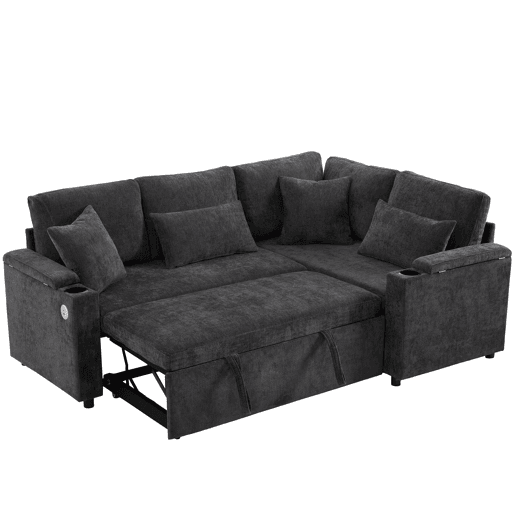 Sofá de canto extensível - Conversível com arrumação, porta-copos, USB, apoio de braços, 4 almofadas - Cinza Sofá de canto extensível - Conversível com arrumação, porta-copos, USB, apoio de braços, 4 almofadas - Cinza