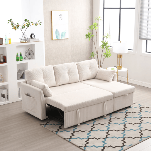 Sofá-cama multifuncional de 3 lugares - sofá modular L, com arrumação e chaise longue - Bege