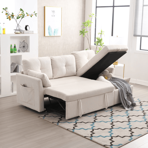 Sofá-cama multifuncional de 3 lugares - sofá modular L, com arrumação e chaise longue - Bege