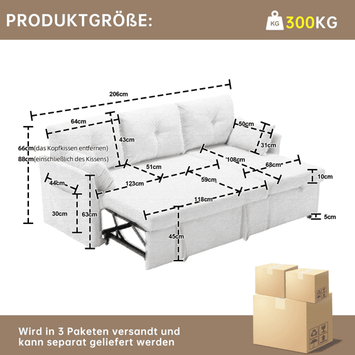Sofá-cama multifuncional de 3 lugares - sofá modular L, com arrumação e chaise longue - Bege